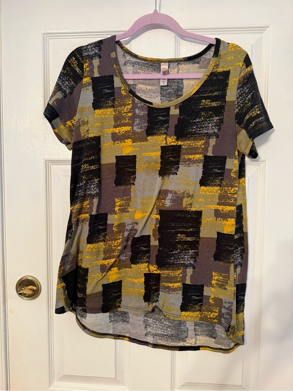 LuLaRoe Abstract Block Print Short Sleeve Top - Yellow/Black/Gray